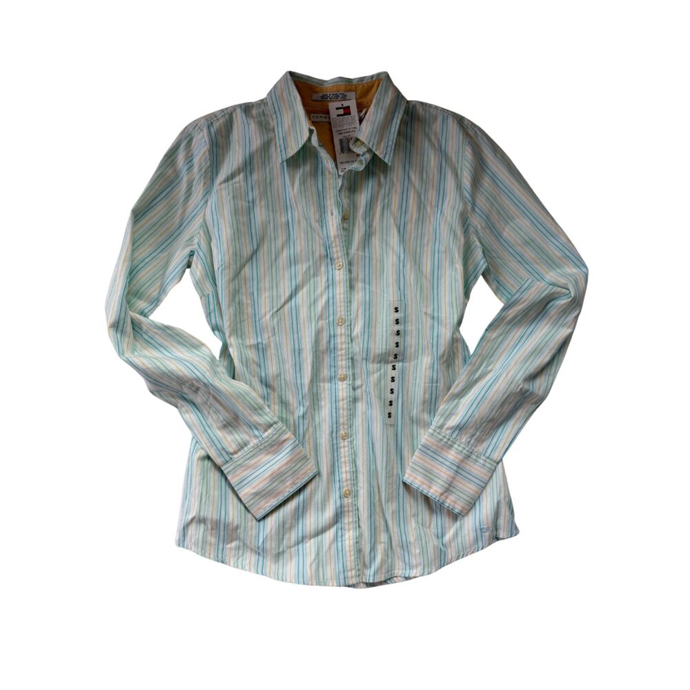 Y2k Tommy Hilfiger Striped Blue Green Long-sleeve Button Down - S/P